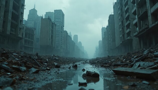 Gloomy desolate dystopian cyberpunk cityscape after destruction. Rows of ruined buildings line debris-filled streets. Puddles reflect overcast sky. Science fiction scene suggests, post-apocalyptic