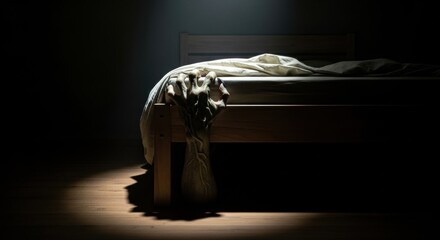 Scary monster arm reaching from under a bed. Horror concept. Nightmare and sleeplessness. Halloween and scary stories.