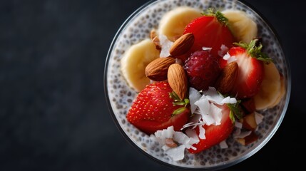 cinematic top view of chia pudding with fresh fruits, coconut flakes, and crushed nuts