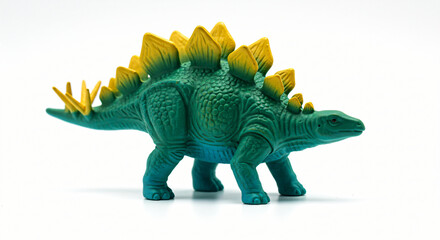 Fototapeta premium A detailed green stegosaurus dinosaur toy with yellow plates on its back and tail, captured against a clean white background
