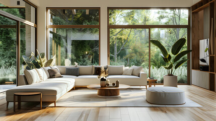 Obraz premium modern minimalist living room with neutral colors, large floor-to-ceiling windows, elegant sofa, wooden coffee table, indoor plants, Scandinavian design, cinematic 16:9