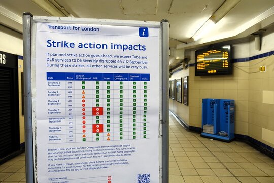 Transport for London sign warning about strike action affecting Tube and DLR services