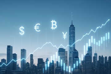 Obraz premium Financial Skyline: A modern cityscape is illuminated by glowing currency symbols, with a dynamic line graph tracing the rise of finance across the skyline.