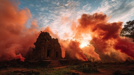 Ancient ruins enveloped in dramatic sunset smoke
