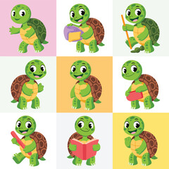 Fototapeta premium Cute cartoon turtles in various poses and activities