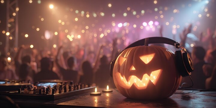An illuminated pumpkin dj in the headphones .