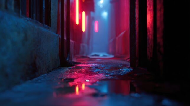 dark cyberpunk alley background with neon lights and wet pavement