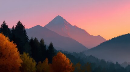 Obraz premium autumn mountain landscape background with colorful trees and sunrise