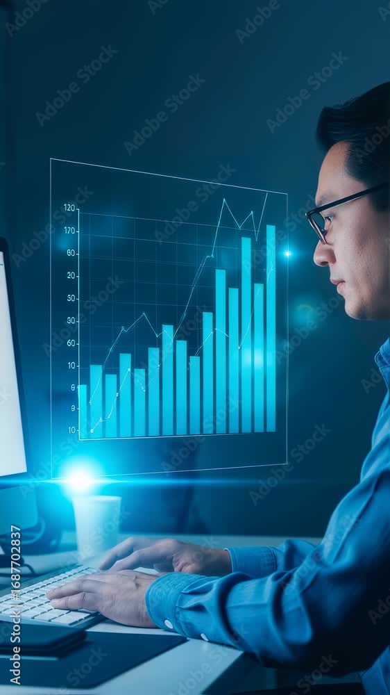 Poster man in glasses typing on keyboard watching virtual corporate data chart. stock market analysis for f
