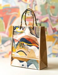 Craft Paper Bag with Abstract Landscape Art Design in Warm Tone Artwork Background