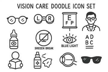 Vision Care Doodles. Vision care doodle icon set: hand drawn icons of glasses, contact case, eye chart, optometrist, eye drops,