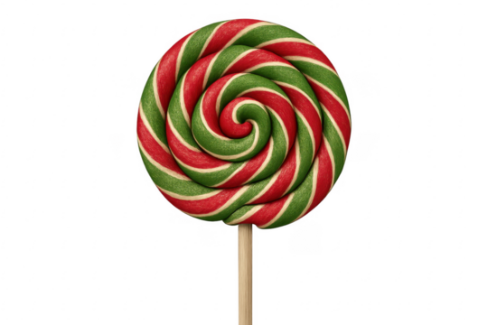 Red and green swirl lollipop with transparent background representing christmas flavors