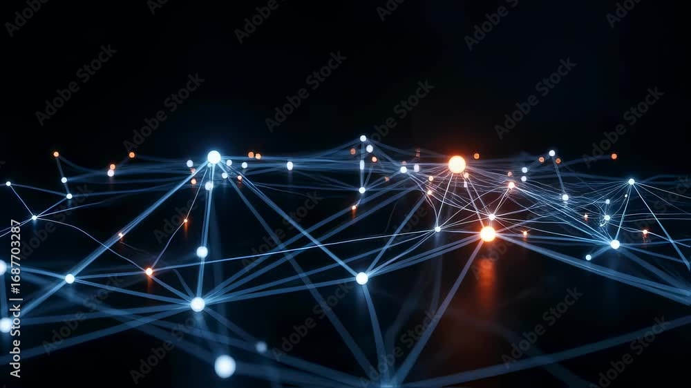 Aufkleber abstract network connection with blue and orange glowing points. digital data transfer technology re