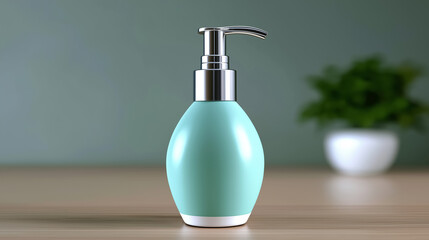 Obraz premium Turquoise pump bottle placed on smooth wooden table with soft green backdrop. Ideal concept for beauty products, skincare brands, or home accessories