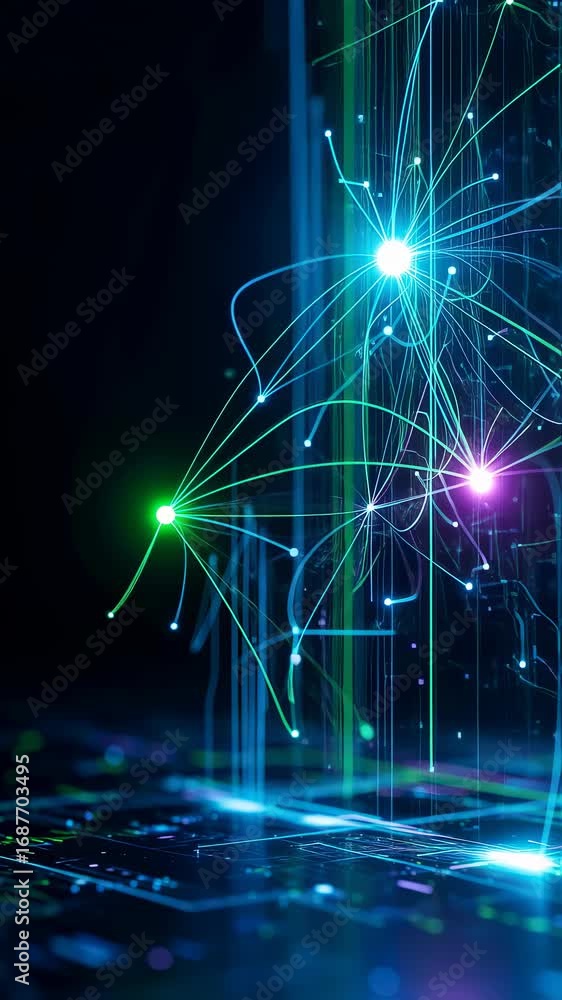 Aufkleber data lines emerging from circuit board with bright nodes. concept of information flow, big data anal
