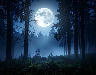 AI-Generated Spooky Full Moon Halloween Night in Dark Forest with Wolf and Bats