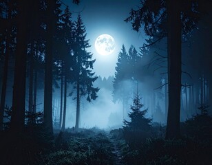 AI-Generated Spooky Full Moon Halloween Night in Dark Forest with Wolf and Bats
