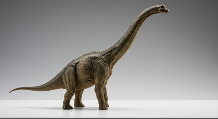 Fototapeta premium A realistic dinosaur figurine, a long-necked brachiosaurus, standing tall against a neutral grey background