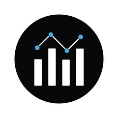 Analytics chart graph statistics icon, black round data infographic vector symbol for dashboard and business use