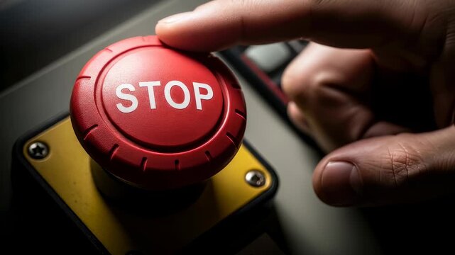 Man pushing red stop button. Emergency shutdown system. Industrial safety with an urgent off control footage.