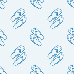 Ink drawn vector seamless repeat pattern in expressive freeform style. Coastal sea themed. Flip flops 