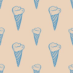 Ink drawn vector seamless repeat pattern in expressive freeform style. Coastal sea themed. Ice cream 