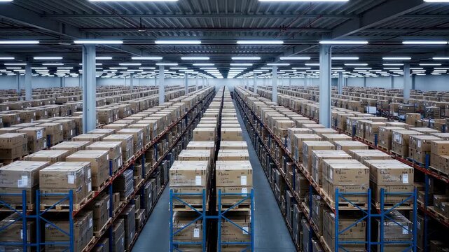 Long rows of shelves loaded with packed cardboard boxes inside a warehouse. Logistics, delivery storage system, supply chain, shipment footage.