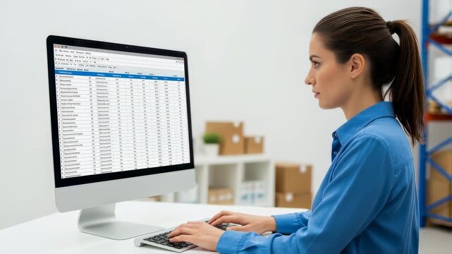Woman in blue shirt working on computer with spreadsheet application. Data entry specialist typing on keyboard with inventory data footage.