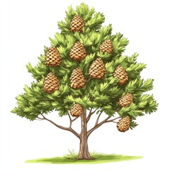 Isolated fresh pineapple with green leaves and a pine tree branch