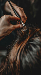 Closeup of a hairstylist's hands carefully weaving brown hair into a detailed braid
