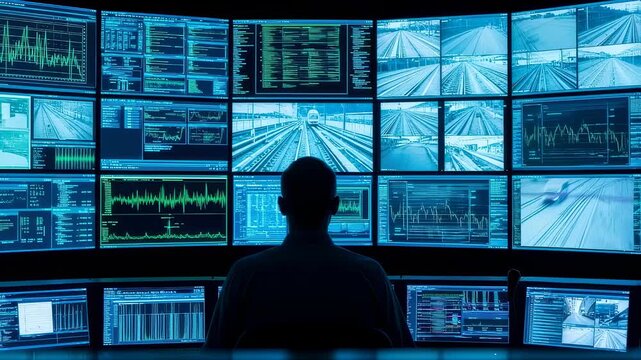 Man monitoring multiple screens with train tracks and data graphs. Surveillance system and security concept in control room footage.