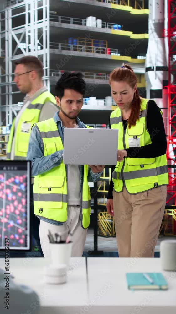 Poster engineering team using desktop computer monitors factory