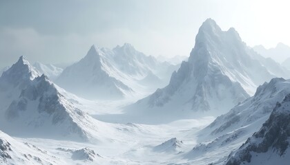 Obraz premium Monochromatic mountain range digital illustration in white and grey tones. Features minimalist, three-dimensional landscape with sharp peaks and ridges covered in snow. Computer-generated graphic art.