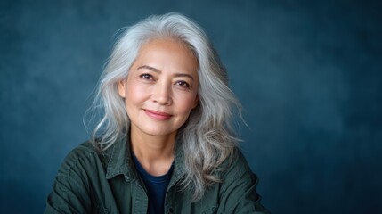 A portrait of an elegant older woman with flowing gray hair, exuding confidence and grace against a soft blue backdrop, showcasing the beauty of aging with dignity.