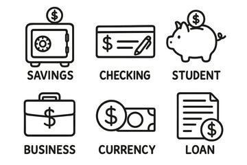 Bank Account Doodles. Bank account types: hand drawn doodles of icons for savings, checking, student, business, currency accounts,