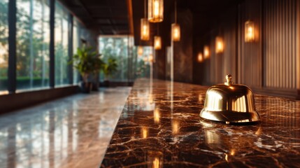A sophisticated hotel reception featuring a polished marble counter and a gleaming bell, showcasing elegance and warmth in a luxurious atmosphere designed for hospitality.