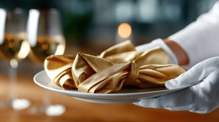 A luxurious golden napkin is artfully arranged on a fine china plate, hinting at an upscale dining experience designed to instill elegance and comfort in every serving.