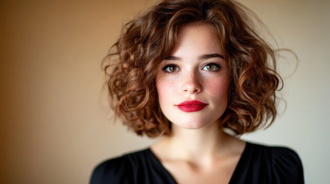 A captivating portrait of a young woman with curly hair, glowing skin, and bold red lips exuding confidence and beauty in a softly lit environment that enhances her charm. - Powered by Adobe