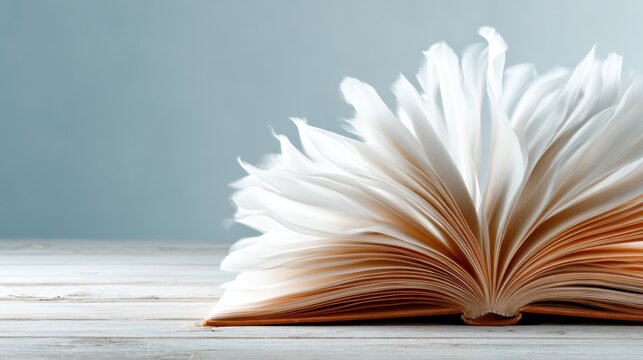 This striking image features an open book with gracefully flowing pages, symbolizing knowledge, creativity, imagination, and the transformative power of literature.