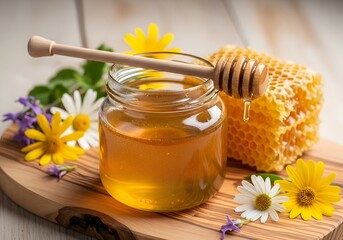 Honey in a jar with honeycomb and wildflowers on a wooden board