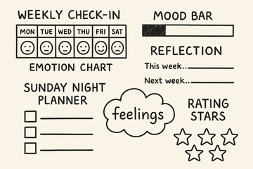 Weekly Mood Tracker. Weekly check-in: hand drawn doodles of emotion chart, mood bar, reflection form, Sunday night planner,