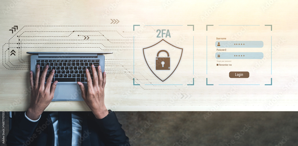 Poster two-factor authentication strengthens login system security. adds protection, two-factor authenticat