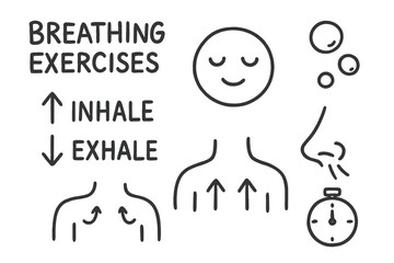 Breathing Exercise Doodles. Breathing exercises: hand drawn doodles of inhale/exhale arrows, calm face, breath bubbles, chest rise