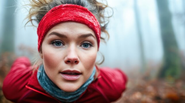 A determined runner appears in a foggy forest, showcasing focus and athleticism, embodying the spirit of health and fitness while connecting with nature's serenity.
