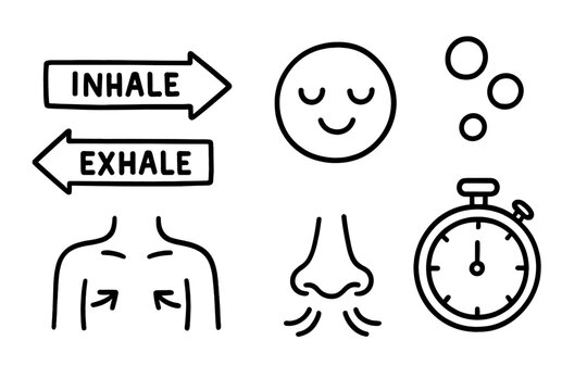 Breathing Exercise Doodles. Breathing exercises: hand drawn doodles of inhale/exhale arrows, calm face, breath bubbles, chest rise