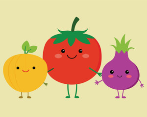 Cute Cartoon Vegetables Standing Together Tomato Onion and Yellow Turnip Illustration