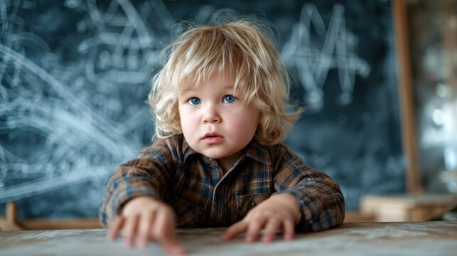 A thoughtful young child with curly hair engages with a chalkboard in a classroom environment, displaying curiosity and innocence that captivates the viewer's heart.