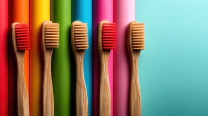 A vibrant array of eco-friendly bamboo toothbrushes arranged against colorful backgrounds, promoting sustainable dental care while adding a pop of color to daily routines.