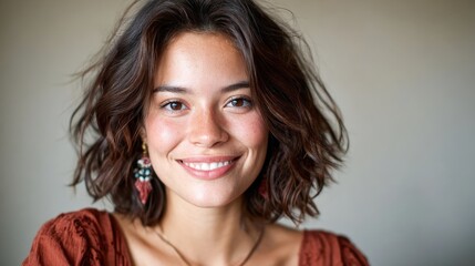 A joyful woman with a warm smile poses for a portrait, radiating confidence and charm in a trendy setting, highlighting the beauty of genuine emotions and self-expression.