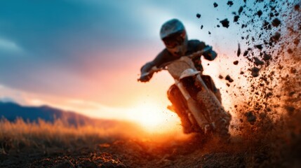 A motocross rider skillfully maneuvers through dirt as the sun sets in the background, capturing the thrill and energy of extreme sports and adventure.